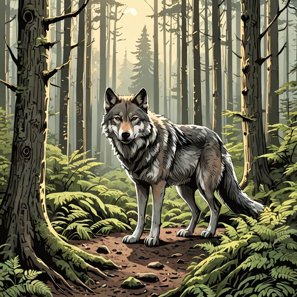a wolf standing in the middle of a forest with trees and ferns on the ground and a path leading to it, furry art, a storybook illustration, Dan Mumford, josan gonzales and dan mumford