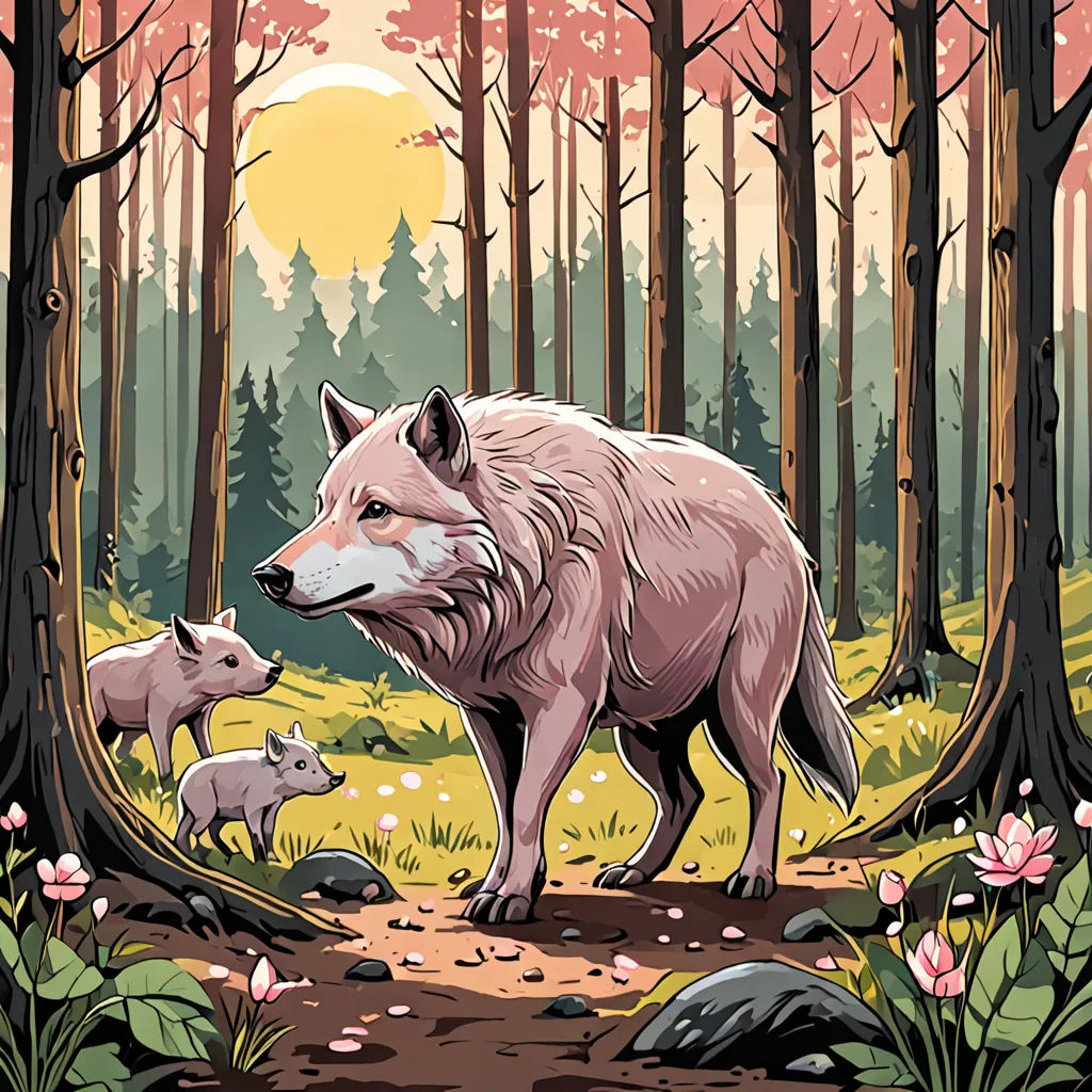 a wolf and her cub are walking through the woods together in front of a sunset and trees with pink flowers, sots art, a storybook illustration, Dan Mumford, storybook illustration