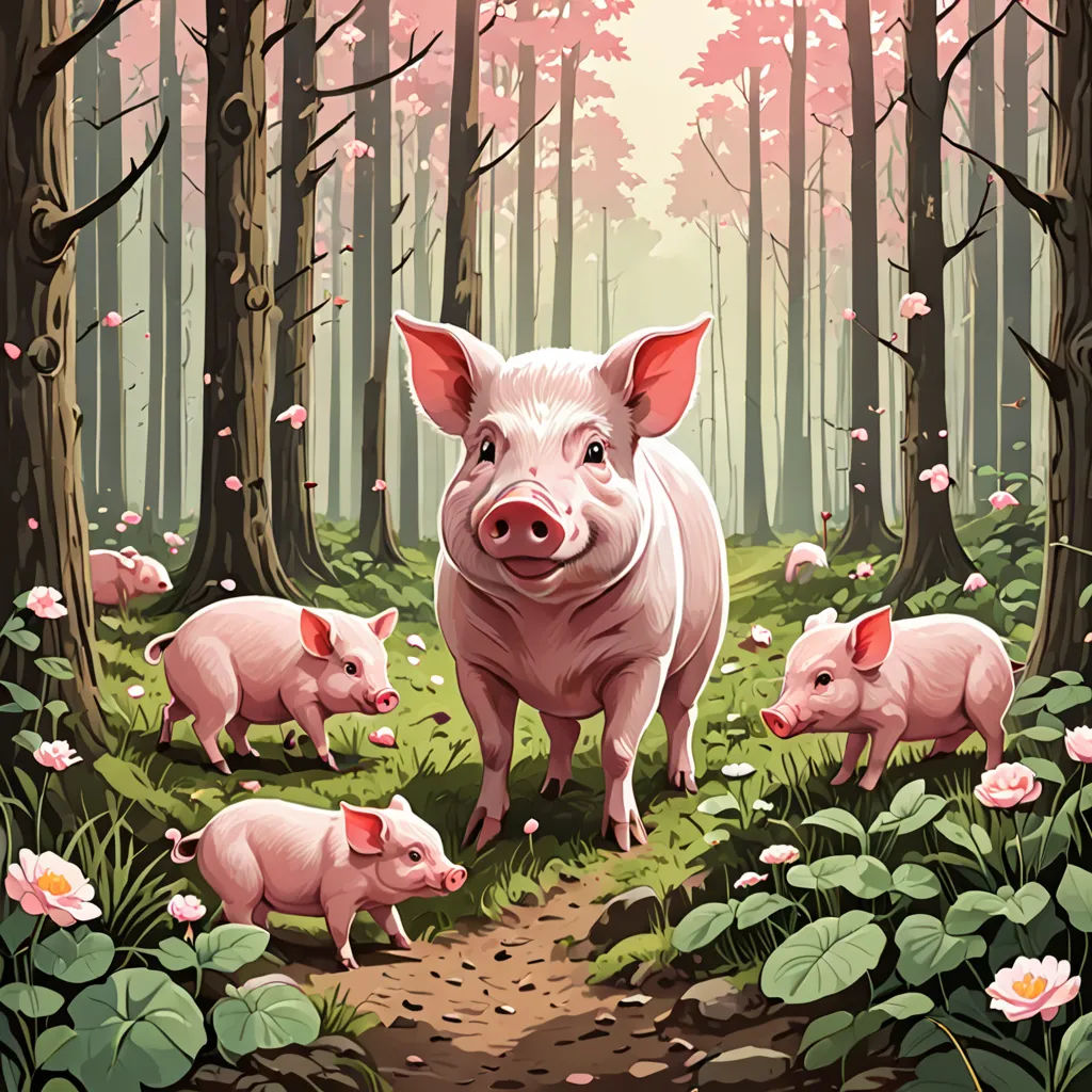 a pig family in a forest with flowers and trees in the background, with a pink sky and sun shining through the trees, precisionism, a storybook illustration, Dan Mumford, storybook illustration