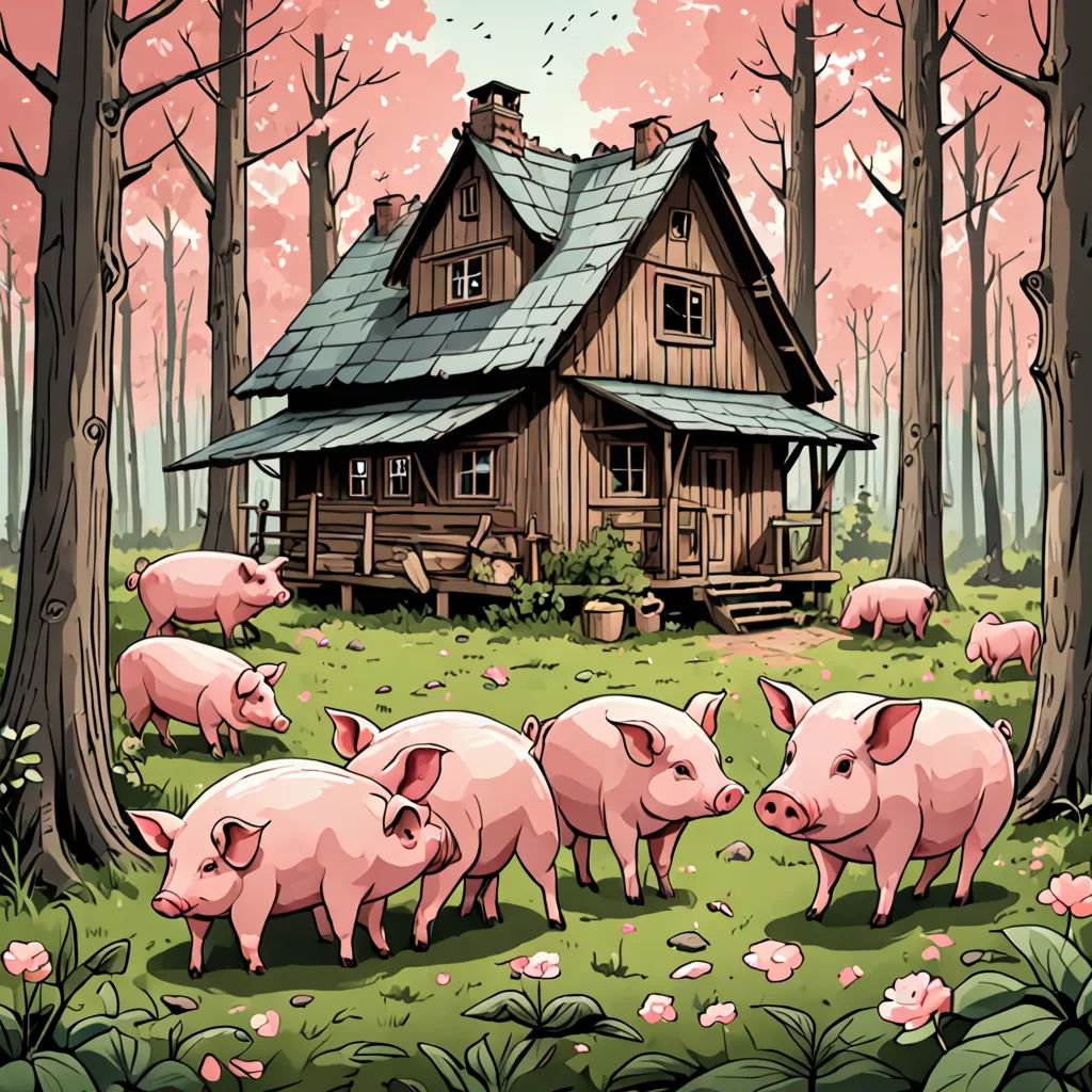 a group of pigs standing in front of a house in the woods with a pink sky behind them and a pink background, precisionism, a storybook illustration, Dan Mumford, josan gonzales and dan mumford