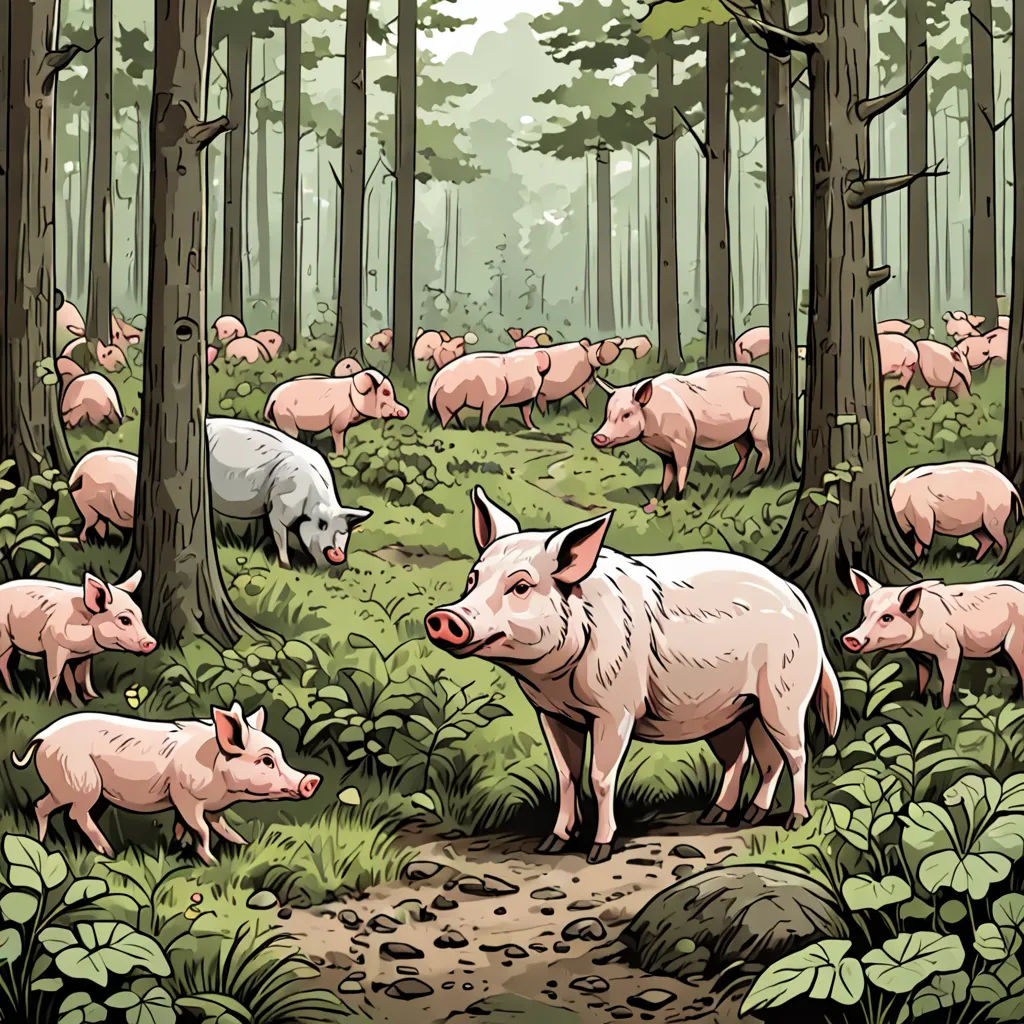 a group of pigs in a forest with trees and plants around them, with a pig in the foreground, environmental art, a storybook illustration, Dan Mumford, laurie greasley