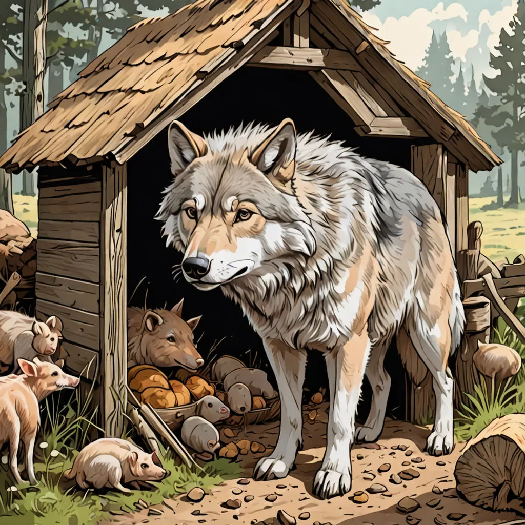 a wolf standing in front of a doghouse with a group of pigs in the yard behind it and a dog laying down, primitivism, a storybook illustration, Dan Mumford, detailed illustration