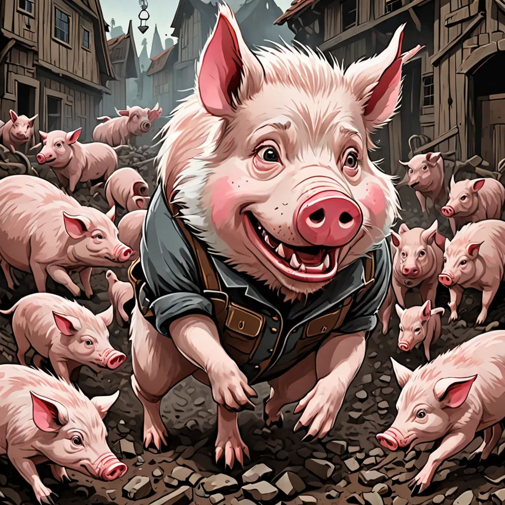 a pig with a bunch of pigs in the background and a town with pigs in the foreground, and a pig with a hat on his head, fantasy art, a storybook illustration, Dan Mumford, hearthstone