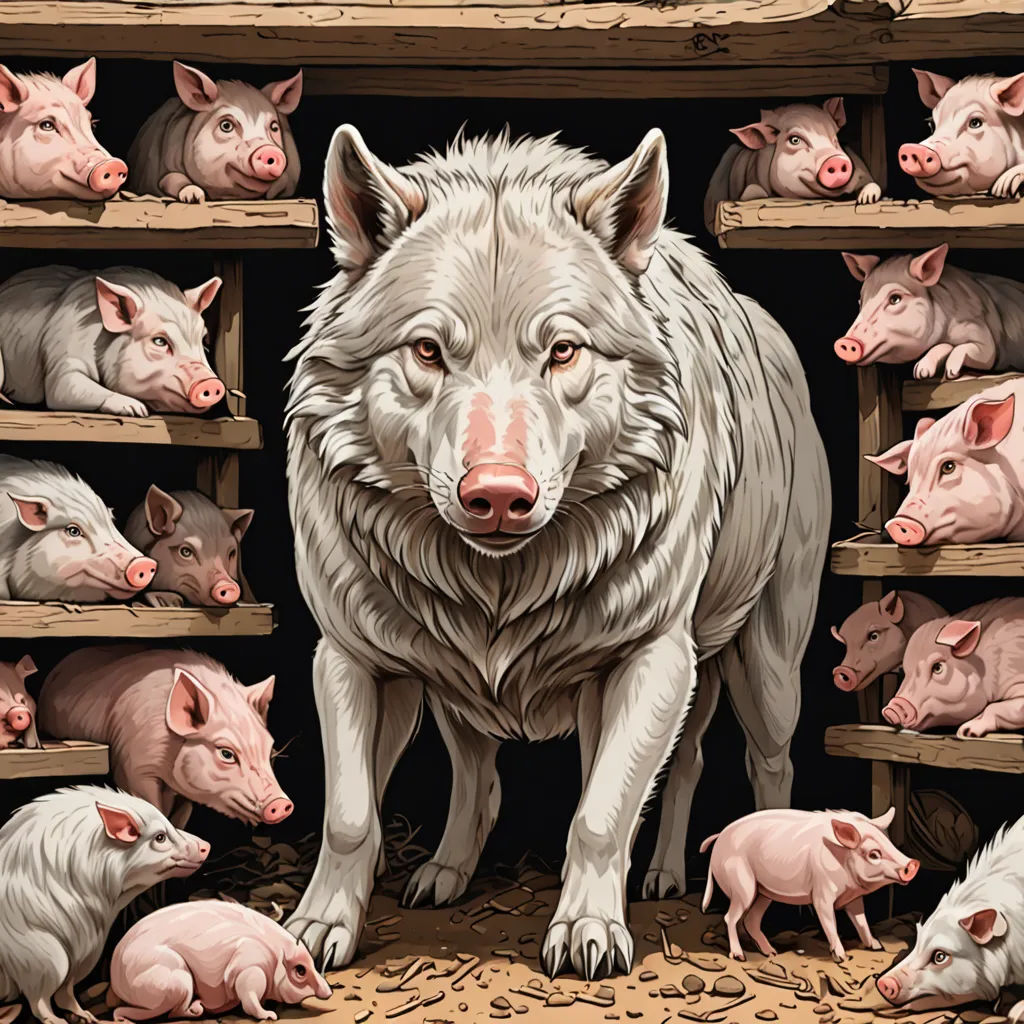 a painting of a wolf surrounded by pigs in a pen with a pig in the background and a pig in the foreground, institutional critique, a storybook illustration, Dan Mumford, furaffinity