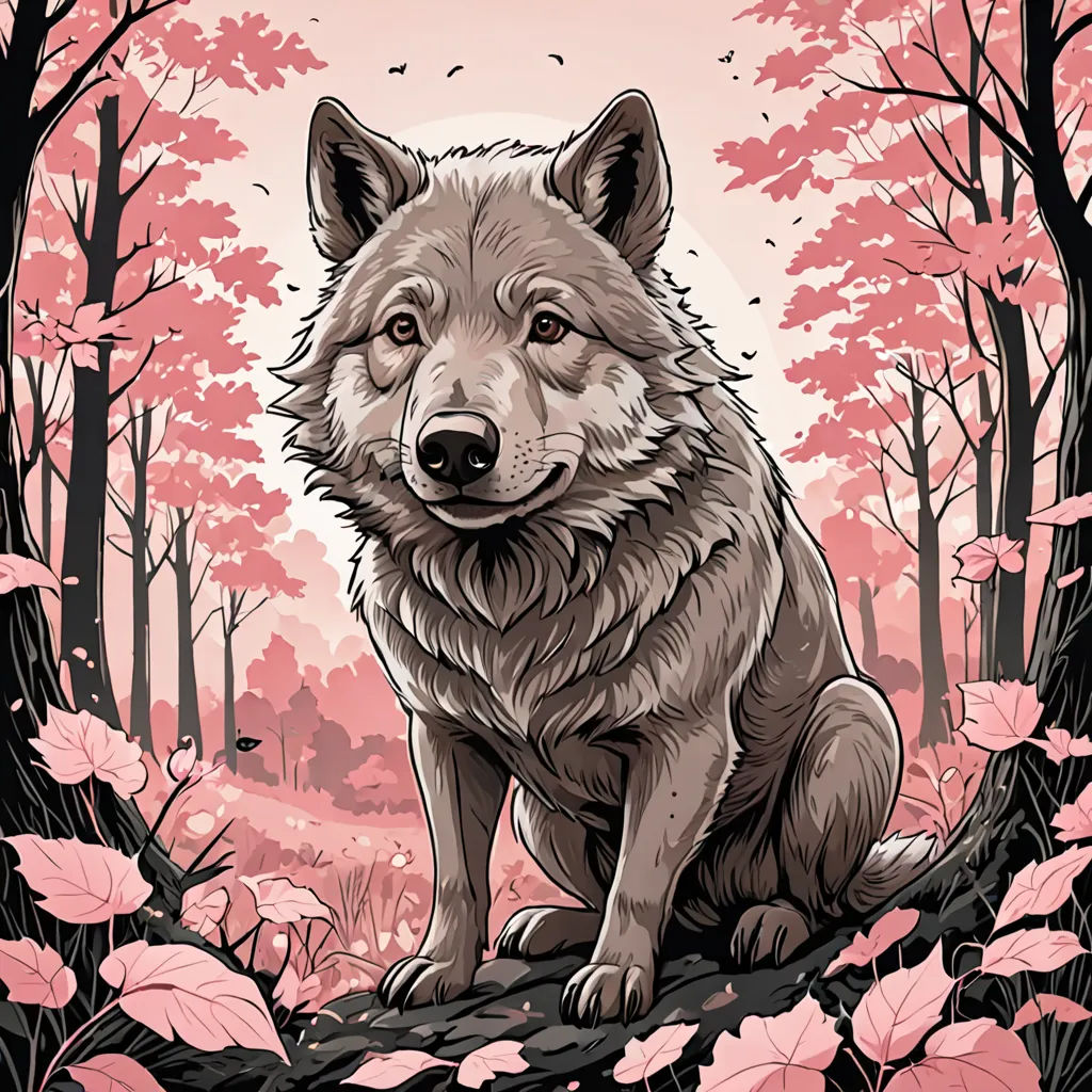 a wolf sitting on a tree branch in a forest with pink leaves and a pink sky in the background, furry art, a character portrait, Dan Mumford, josan gonzales and dan mumford