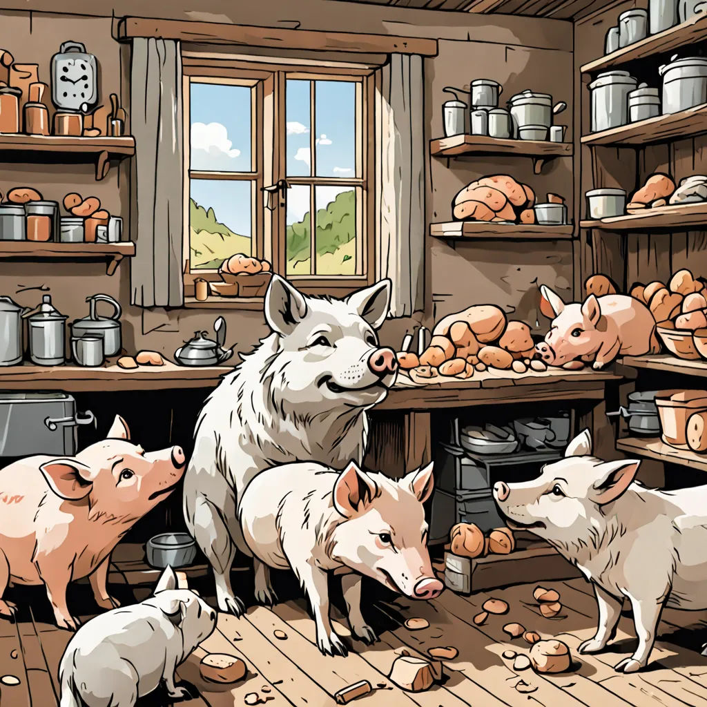 a group of pigs standing in a kitchen next to a window and a shelf full of food and bread, context art, a storybook illustration, Beatrix Potter, storybook illustration