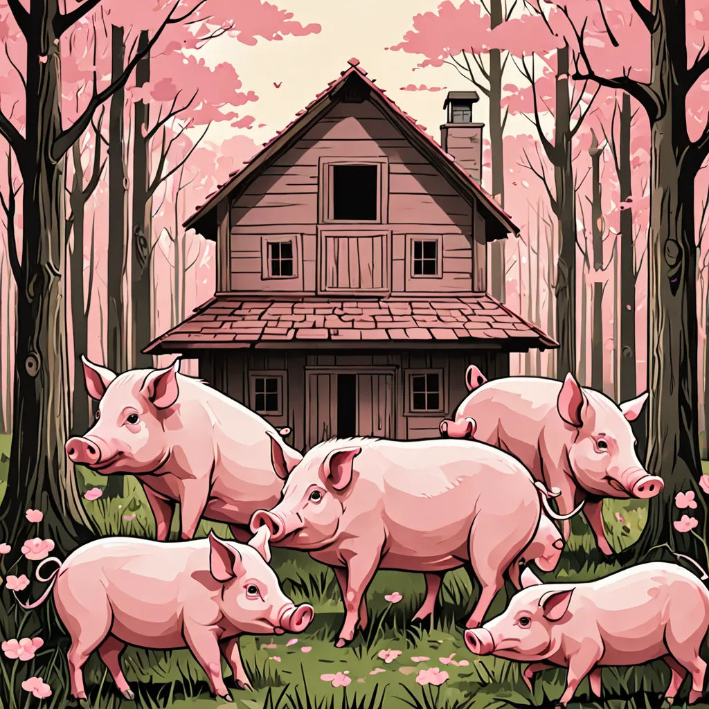 a group of pigs standing in front of a house in the woods with a pink background and a pink sky, precisionism, a storybook illustration, Dan Mumford, josan gonzales and dan mumford
