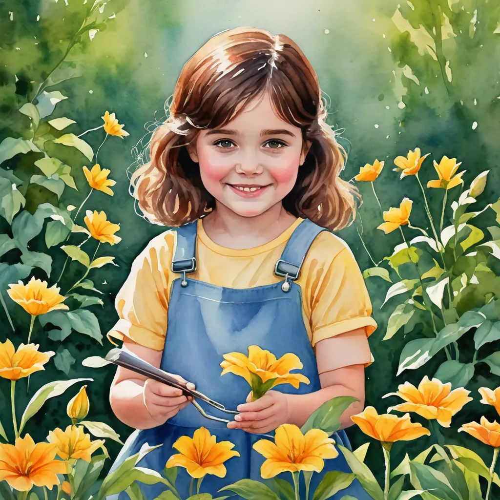 a painting of a little girl holding a pair of scissors in a field of flowers with yellow flowers in the background, photorealism, a detailed painting, Bob Byerley, highly detailed digital painting