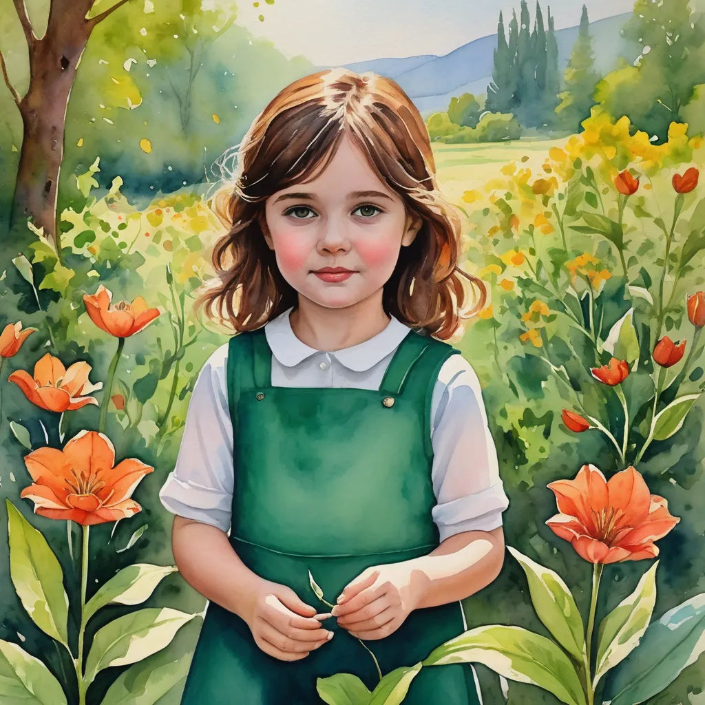 a painting of a girl in a field of flowers with a green apron on and a white shirt on, figurative art, an ultrafine detailed painting, Beatrice Huntington, detailed painting