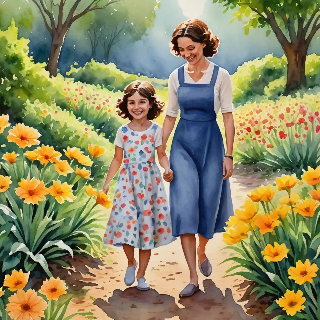 a painting of a mother and daughter walking through a flower garden together holding hands and smiling at the camera, american scene painting, a storybook illustration, Anne Said, official art