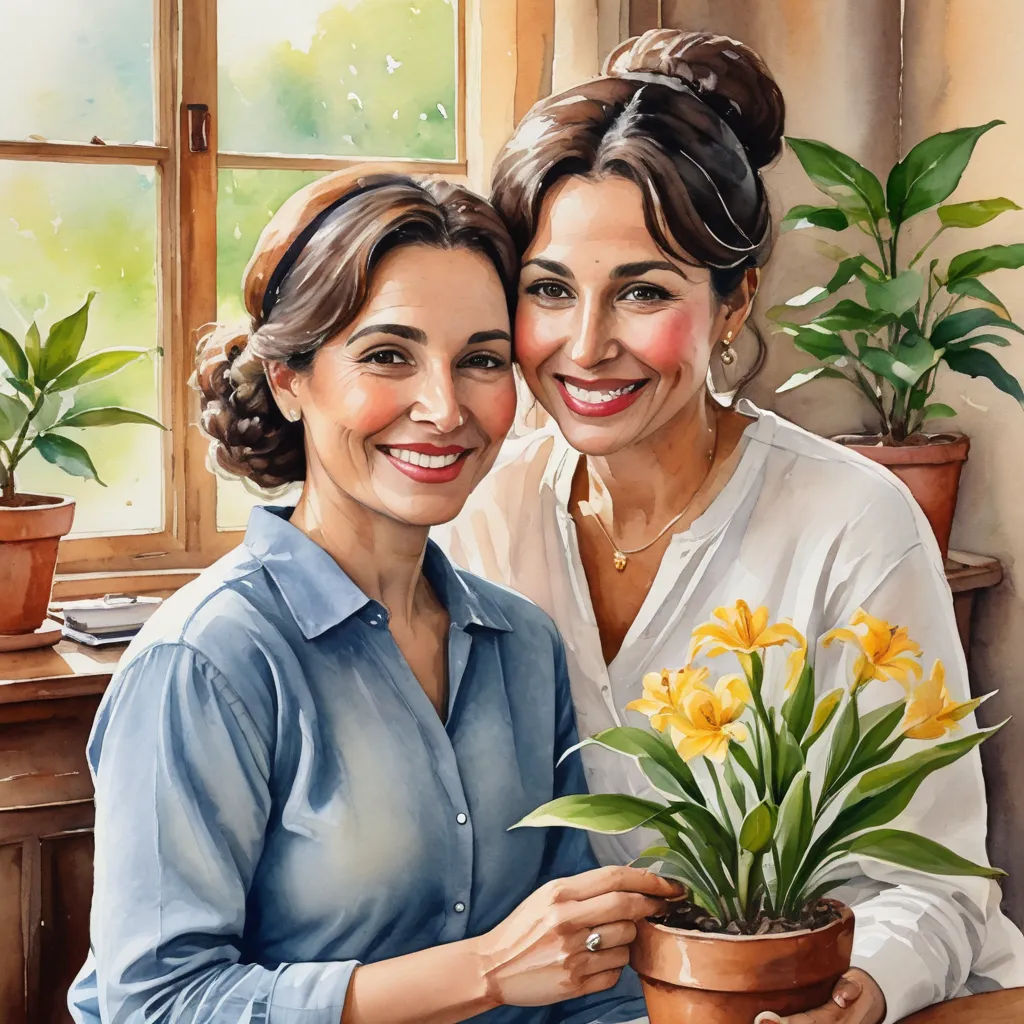 a painting of two women holding a potted plant and smiling at the camera, with a window behind them, lyco art, an ultrafine detailed painting, Christian Hilfgott Brand, highly detailed digital painting