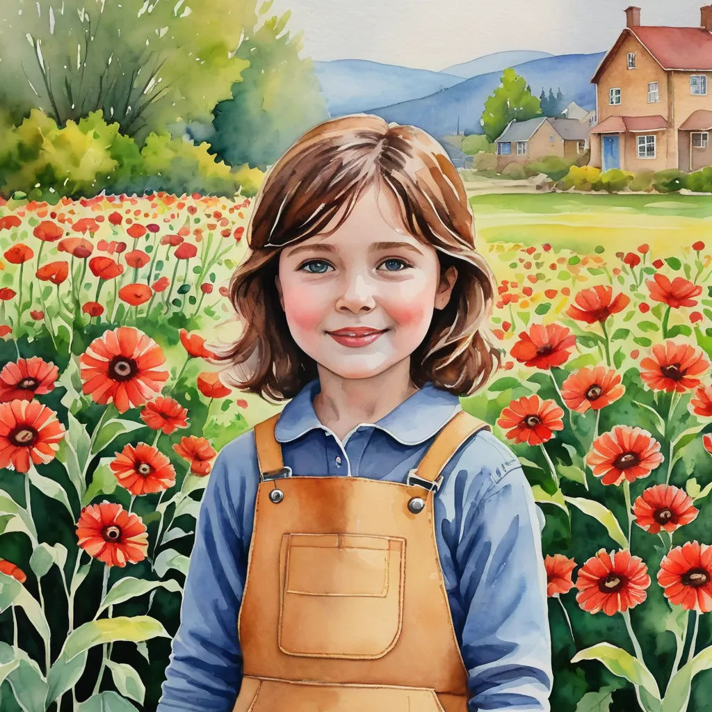 a painting of a girl in a field of flowers with a house in the background and a field of red flowers, figurative art, a watercolor painting, Bob Byerley, in gouache detailed paintings