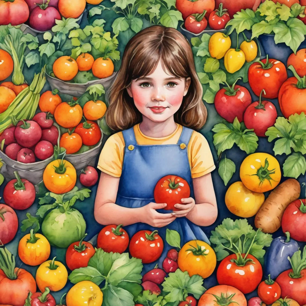 a painting of a girl holding a tomato surrounded by many different vegetables and fruits, all in a pattern, folk art, a storybook illustration, Bob Byerley, in gouache detailed paintings