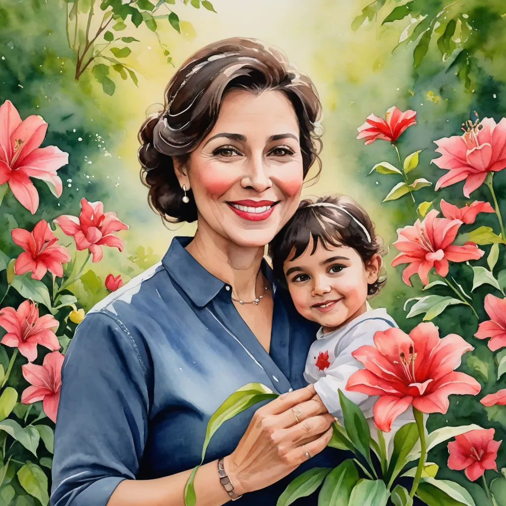 a painting of a woman holding a child in her arms and flowers in the background, with a green background, lyco art, a storybook illustration, Ammi Phillips, highly detailed digital painting