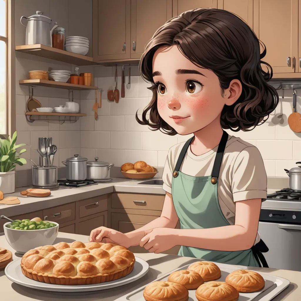 a girl in a kitchen preparing food on a plate and a bowl of vegetables on the counter top next to a pie, american scene painting, a storybook illustration, Elinor Proby Adams, trending on art station