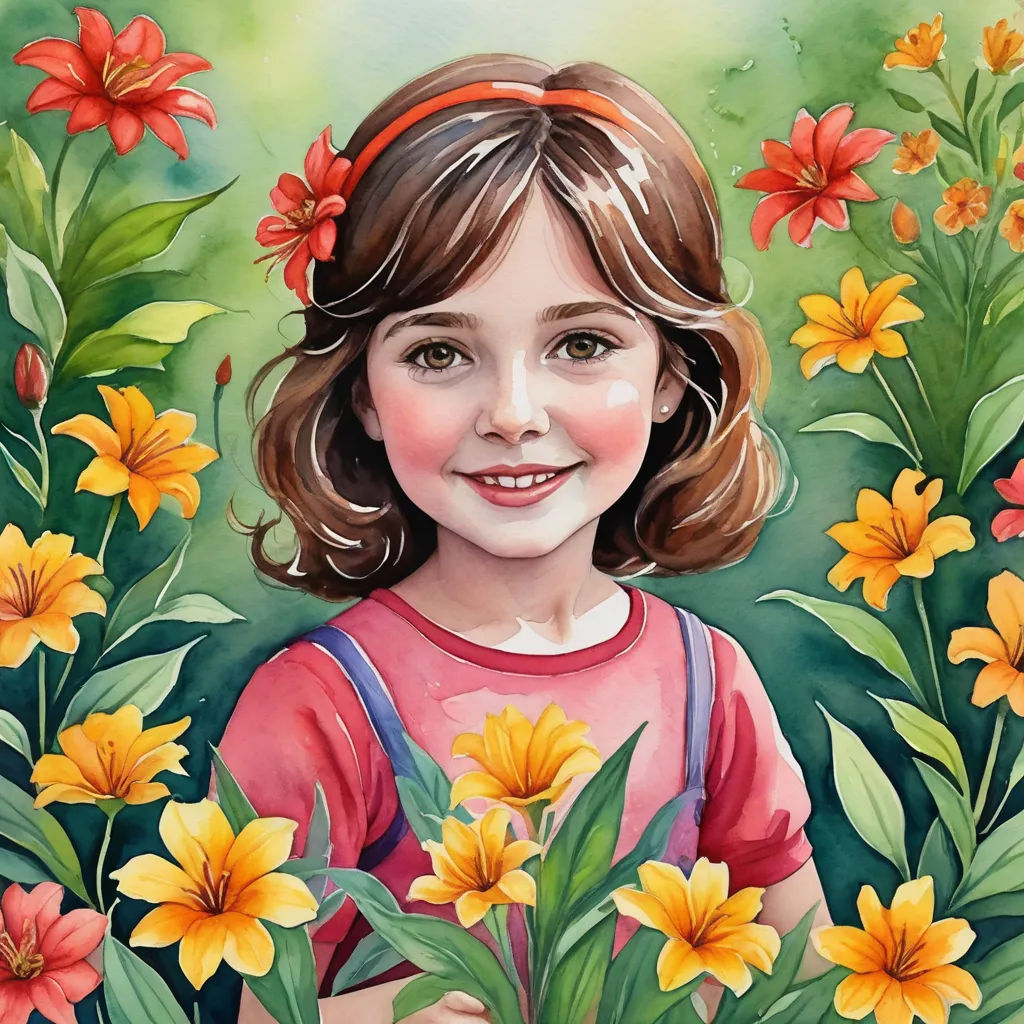 a painting of a girl in a field of flowers with a red bow on her head and a pink shirt, naive art, a detailed painting, Claire Hummel, detailed painting