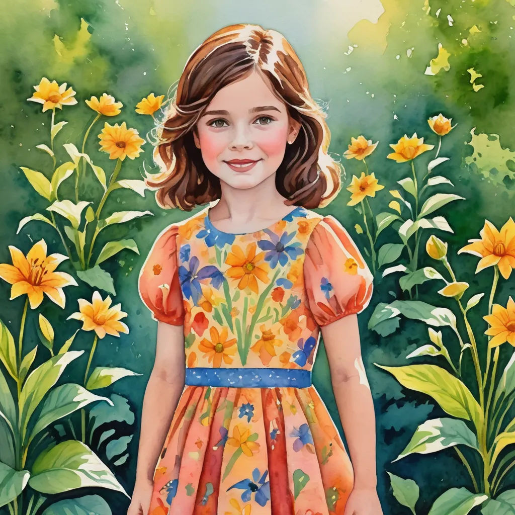 a painting of a girl in a dress standing in a field of flowers with butterflies flying overhead and a butterfly in the sky, naive art, a watercolor painting, Claire Hummel, detailed painting