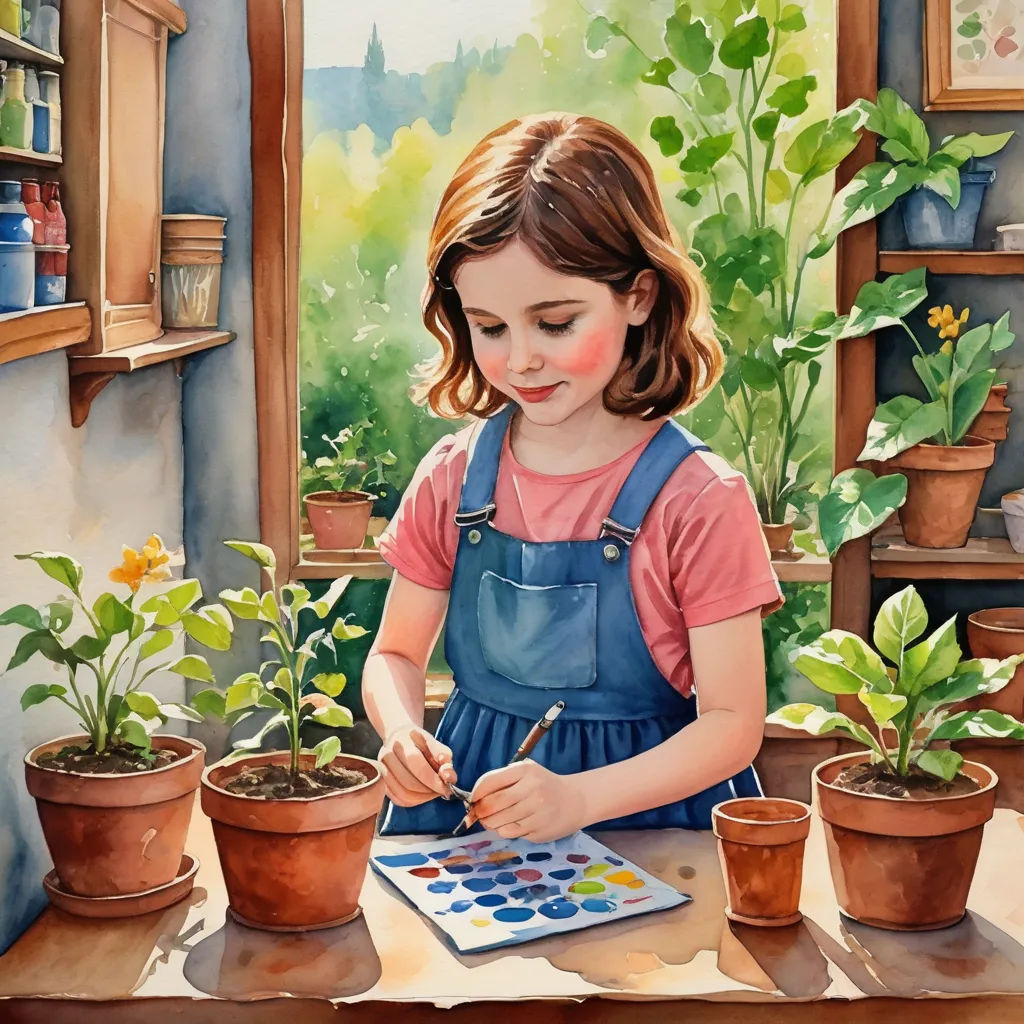 a painting of a girl painting flowers in pots on a table with a watercolor palette and a brush, american scene painting, a detailed painting, Caroline Lucy Scott, detailed painting
