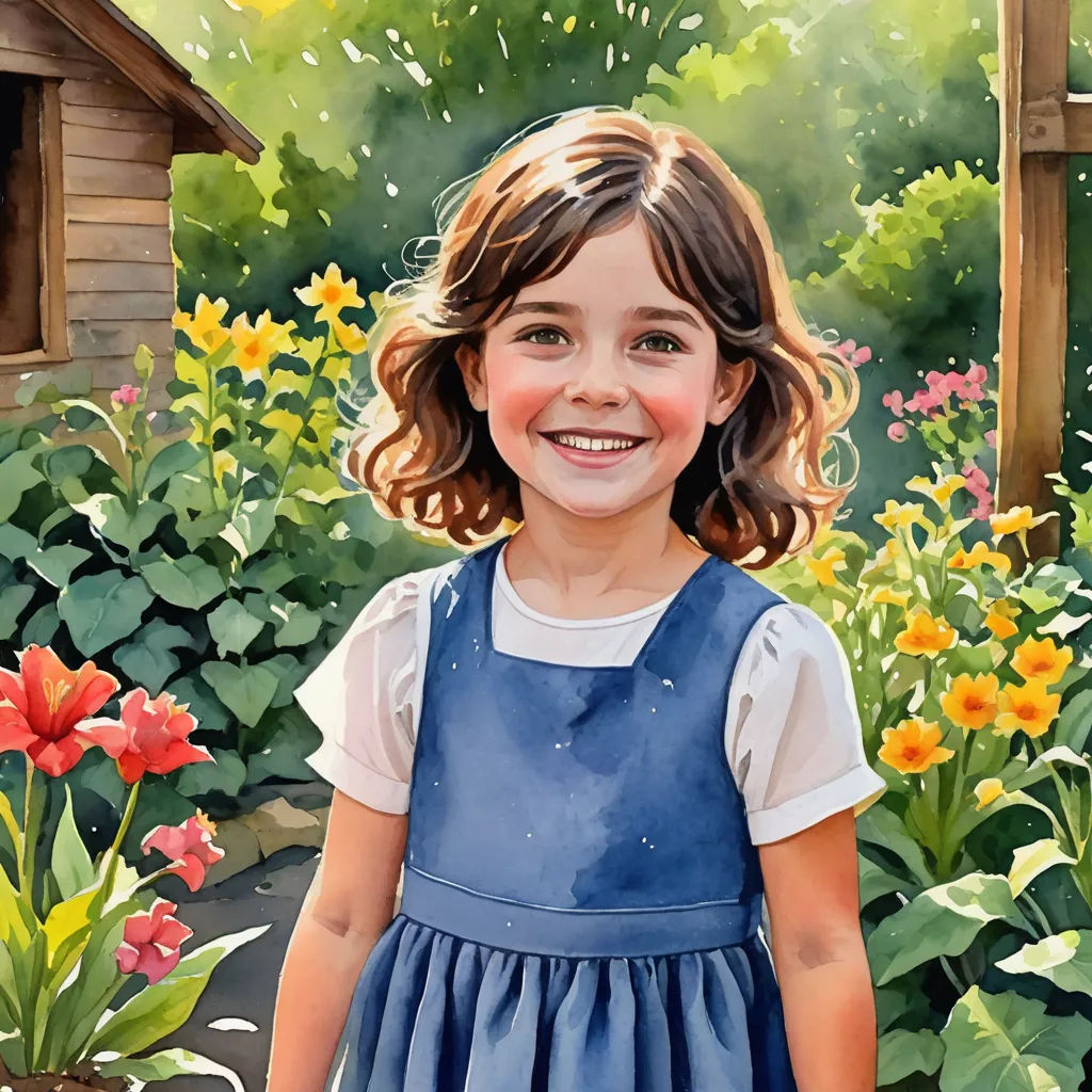 a painting of a little girl in a garden with flowers and a birdhouse in the background, with a painting of a girl in the background, photorealism, a detailed painting, Bob Byerley, highly detailed digital painting
