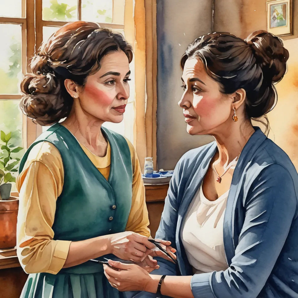 a painting of two women talking to each other in a room with a window and potted plant on the far side, american scene painting, a detailed painting, Araceli Gilbert, official art