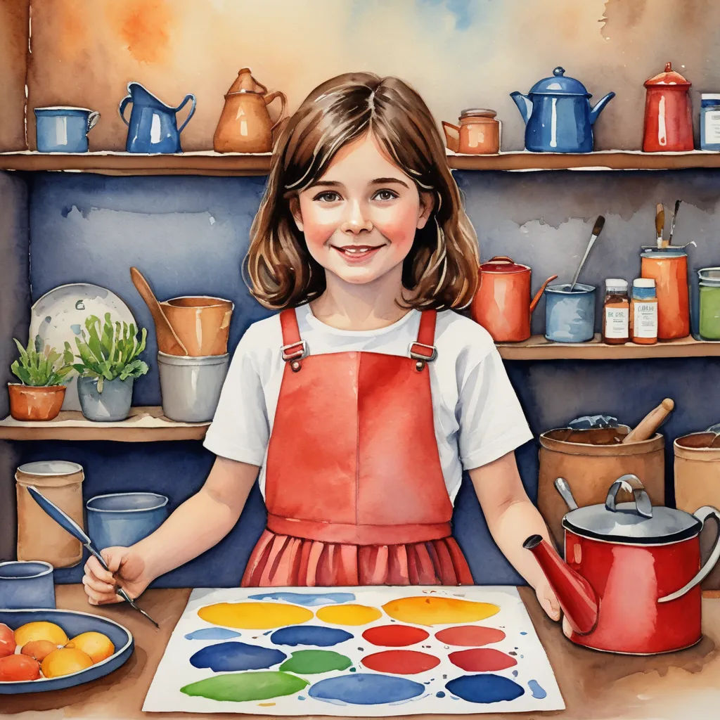 a painting of a girl with a paint palette and a pot of fruit on a table with a paint palette, naive art, a watercolor painting, Elinor Proby Adams, watercolor