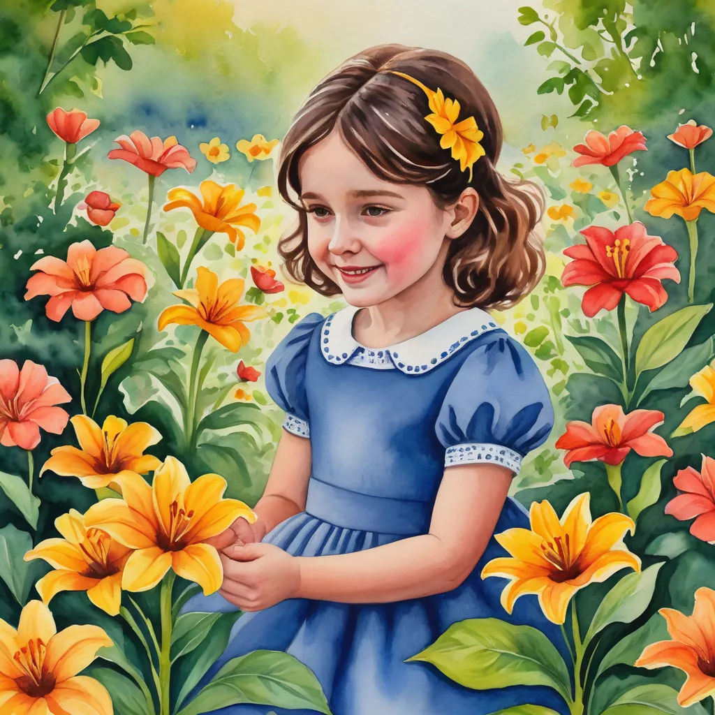 a painting of a little girl in a blue dress standing in a field of flowers with yellow and red flowers, naive art, an ultrafine detailed painting, Claire Hummel, highly detailed oil painting
