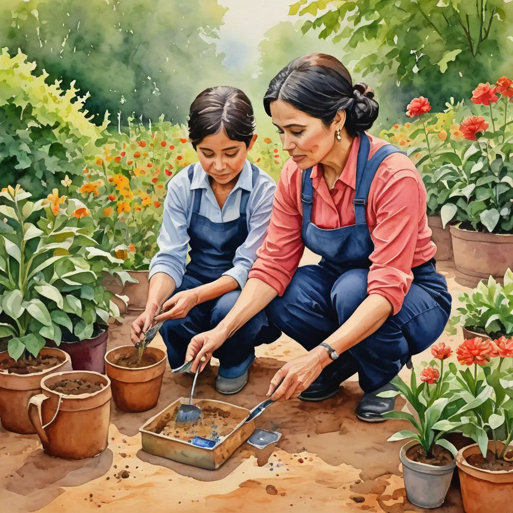 a painting of two women in a garden with pots and flowers in the background, one of them is painting a picture of a woman, figurative art, a detailed painting, Carol Sutton, detailed painting