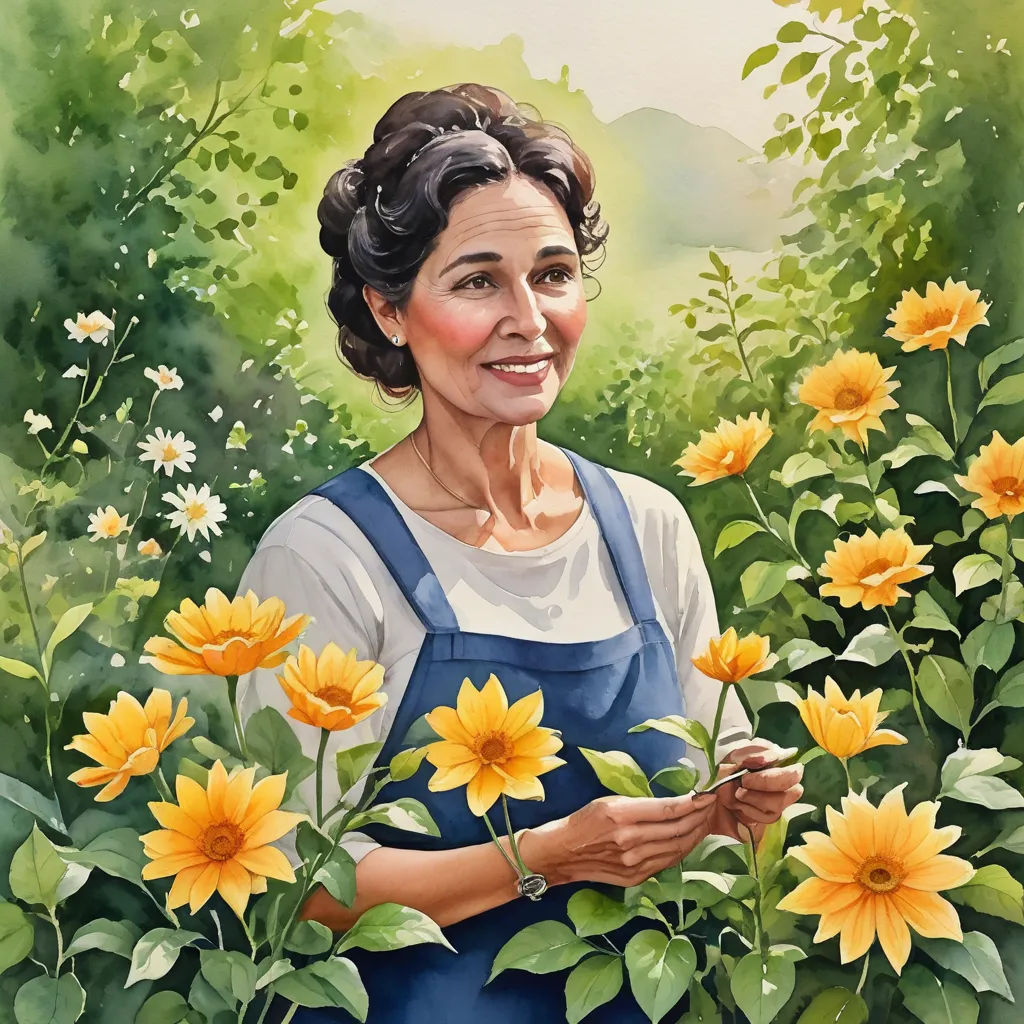 a painting of a woman in a field of flowers with a smile on her face and hands in her pockets, american scene painting, an ultrafine detailed painting, Elinor Proby Adams, in gouache detailed paintings