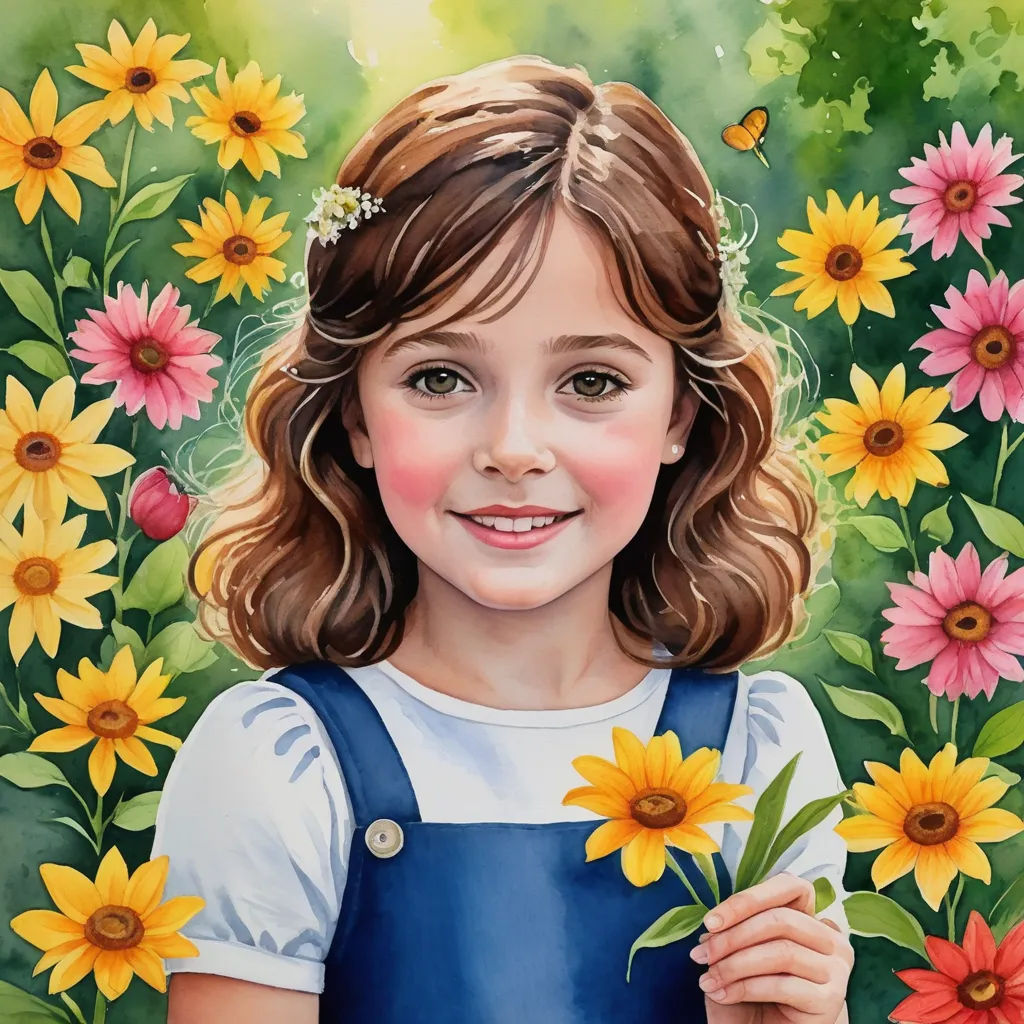 a painting of a girl holding a flower in front of a field of flowers with butterflies flying around her, naive art, a detailed painting, Cindy Wright, detailed painting