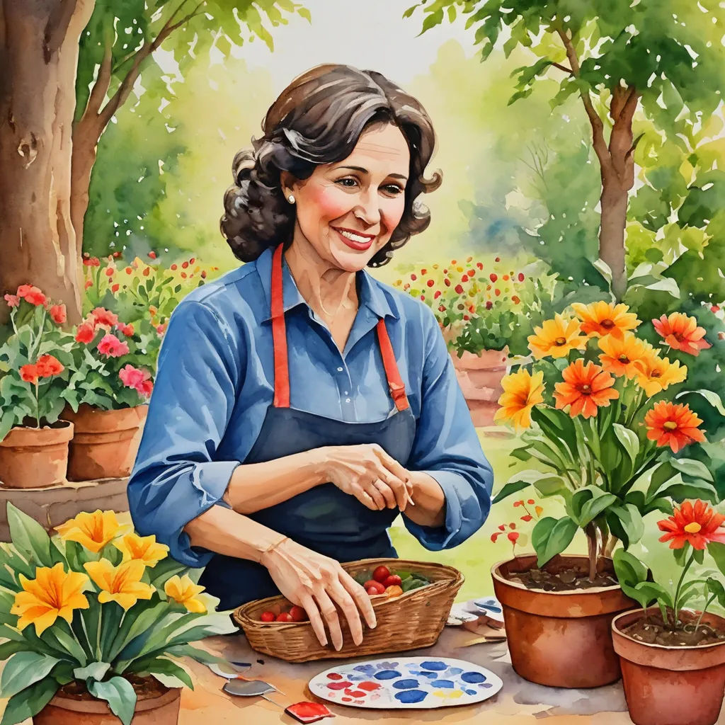 a painting of a woman in a garden with flowers and a basket of fruit on a table with a plate of fruit, naive art, an ultrafine detailed painting, Carol Sutton, highly detailed digital painting