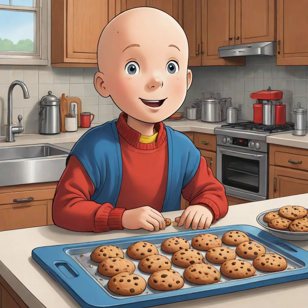 a cartoon boy is making cookies in the kitchen with a tray of cookies on the counter top and a tray of cookies on the counter, remodernism, a character portrait, Charles Schulz, official art