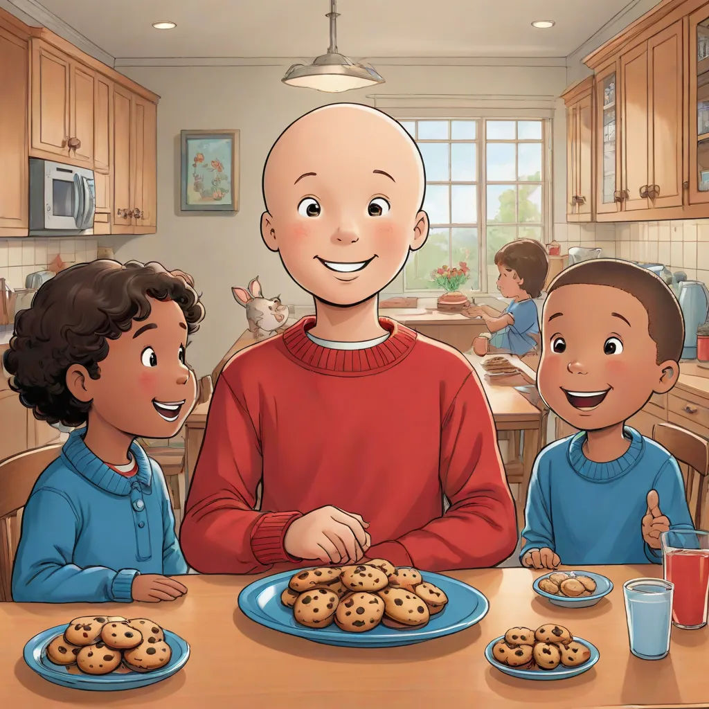 a cartoon of a man and two children eating cookies and milk at a table with a plate of cookies, american scene painting, a storybook illustration, Dan Content, promotional image