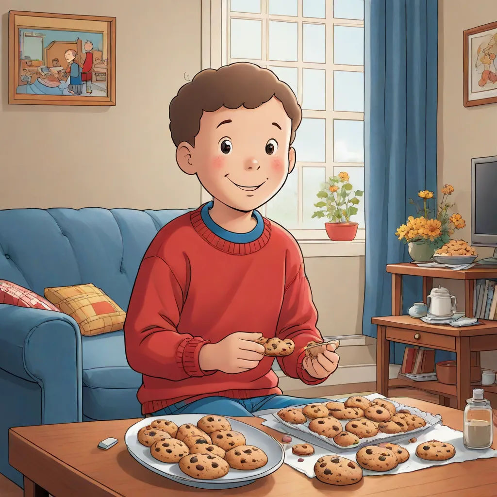 a boy eating cookies on a table in front of a tv set and a blue couch in a living room, sots art, a storybook illustration, Diego Gisbert Llorens, david lazar