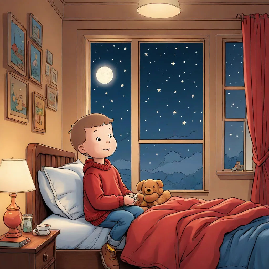 a boy sitting on a bed with a teddy bear in his hand and a night sky outside the window, space art, a storybook illustration, Cliff Childs, storybook illustration