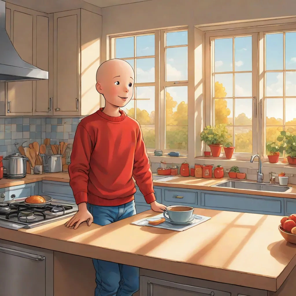 a man standing in a kitchen with a bowl of food on the counter top and a pot of fruit on the counter, remodernism, a storybook illustration, Charles Schulz, official art