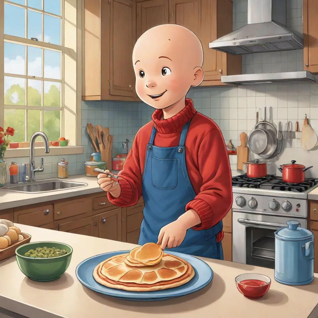 a cartoon picture of a man making pancakes in a kitchen with a bowl of green beans and a pot of soup, panfuturism, a storybook illustration, Brian Snøddy, official art