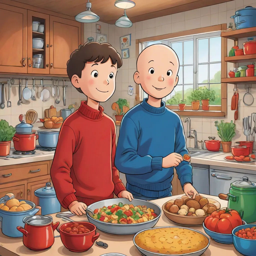 a couple of people standing in a kitchen with food on a table and pots and pans of food, remodernism, a storybook illustration, Dan Content, promotional image