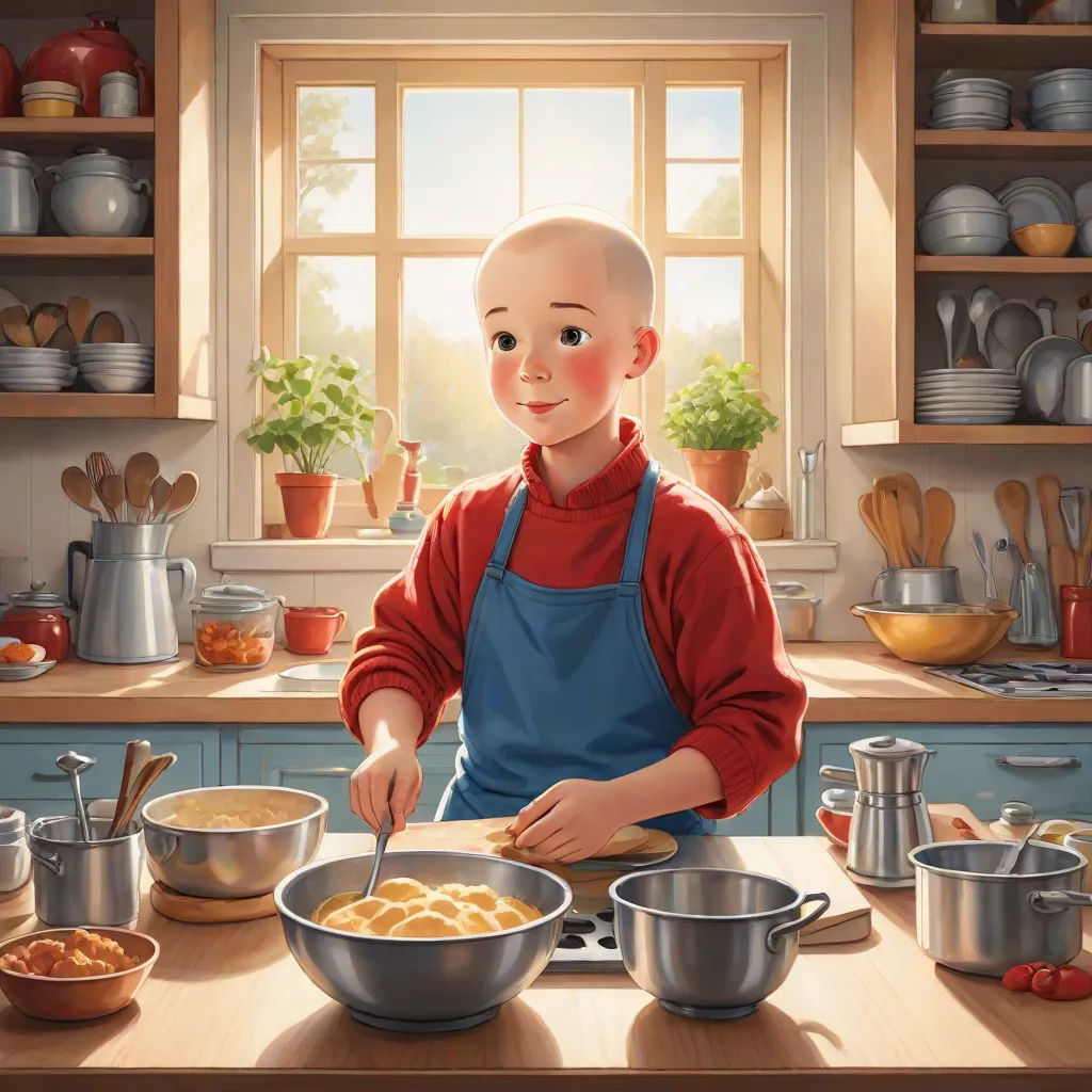 a painting of a man cooking in a kitchen with pots and pans on the counter and a pot on the stove, art & language, a storybook illustration, Aaron Jasinski, official art