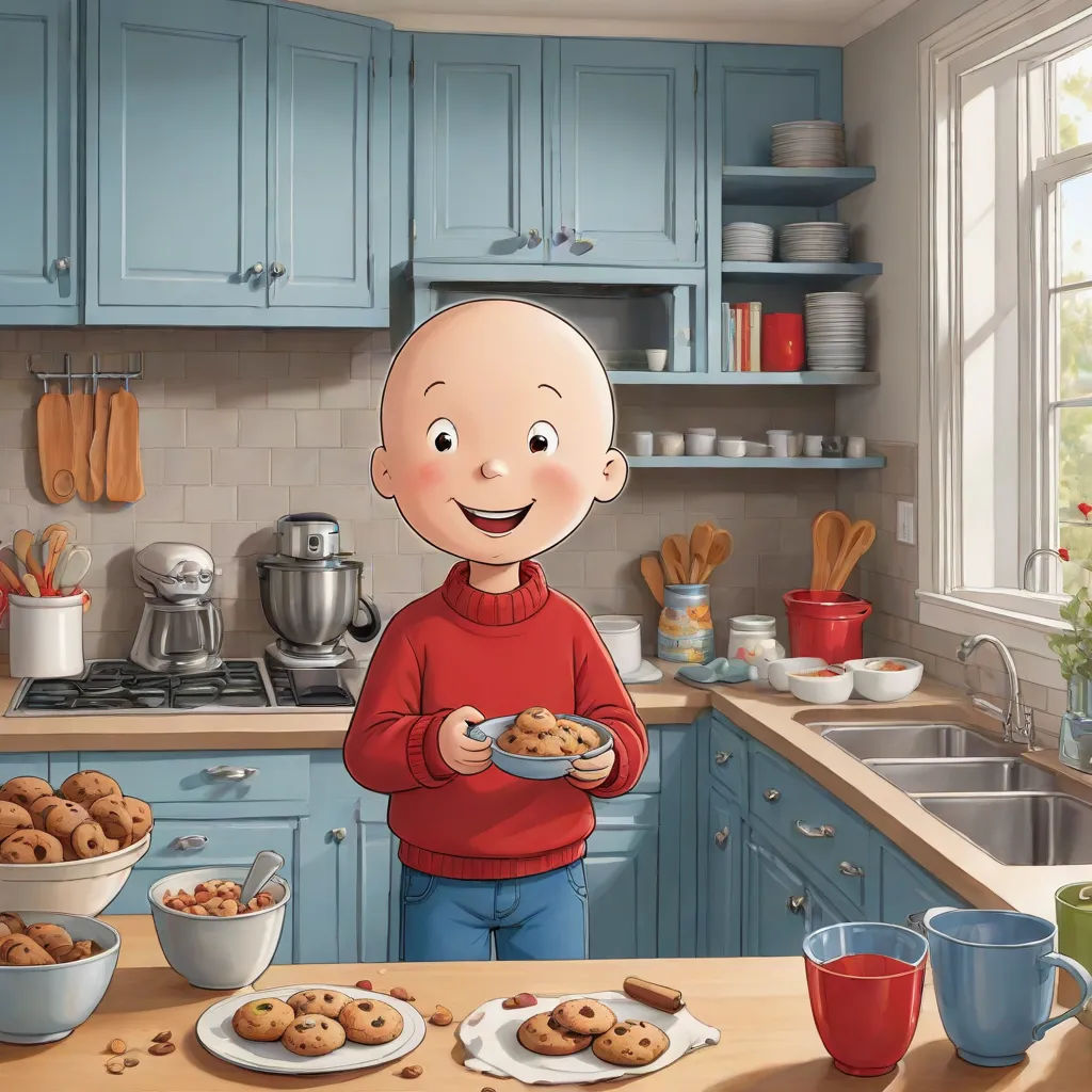 a cartoon of a man holding a plate of food in a kitchen with blue cabinets and a counter with dishes and bowls, remodernism, a character portrait, Charles Roka, promotional image