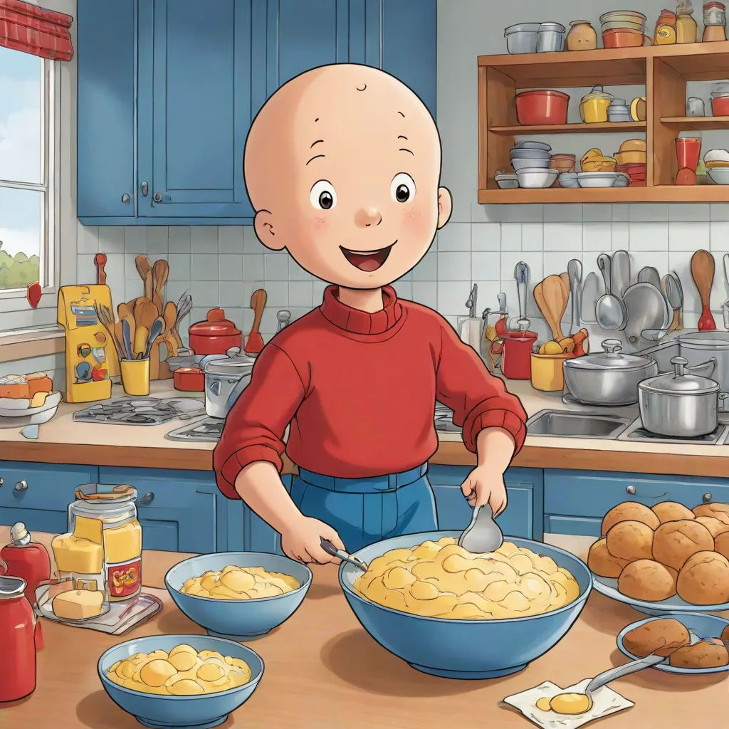 a cartoon character is making a bowl of food in the kitchen with a spoon and a bowl of potatoes, remodernism, a character portrait, Dan Content, promotional image
