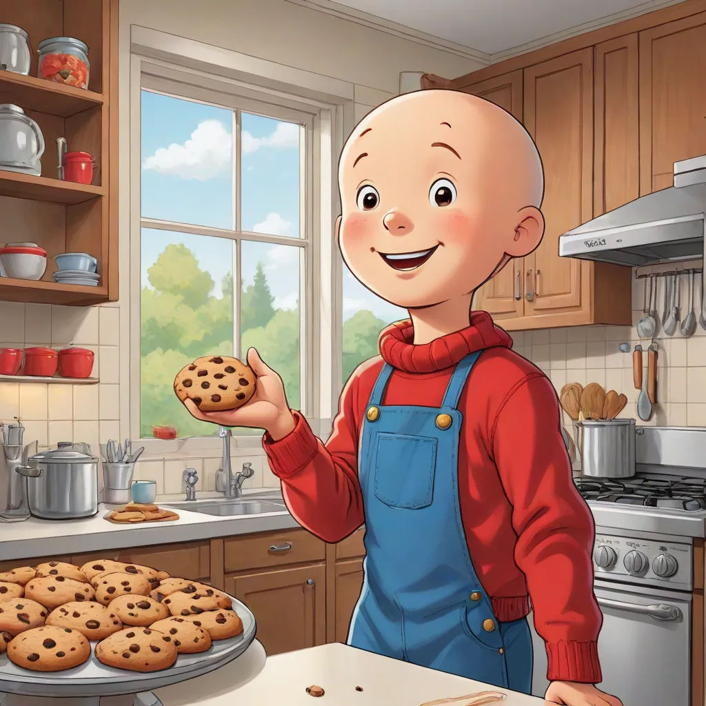 a cartoon man holding a cookie in a kitchen with a tray of cookies on the counter and a window, remodernism, a stock photo, Brian Snøddy, official art