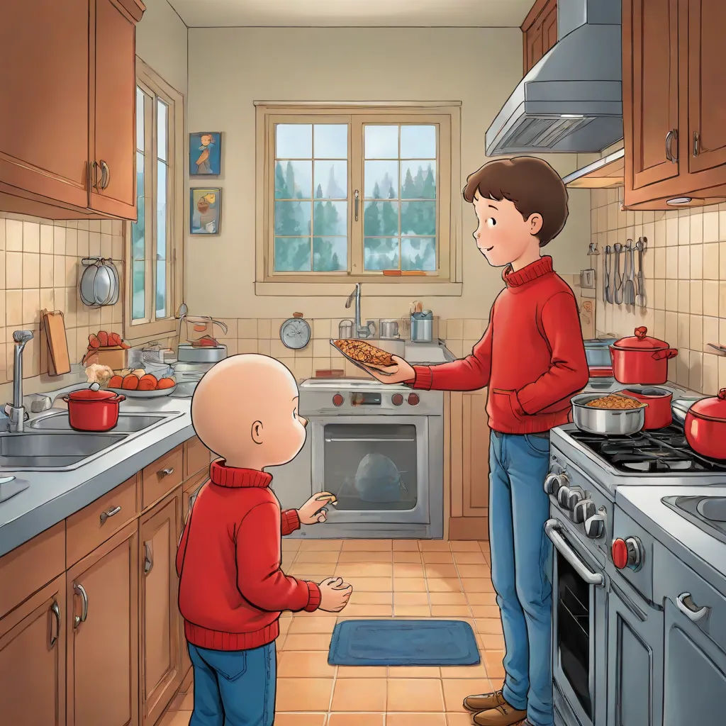 a man and a child in a kitchen with a stove and oven top oven and a sink and a window, art informel, a storybook illustration, Benoit B. Mandelbrot, storybook illustration
