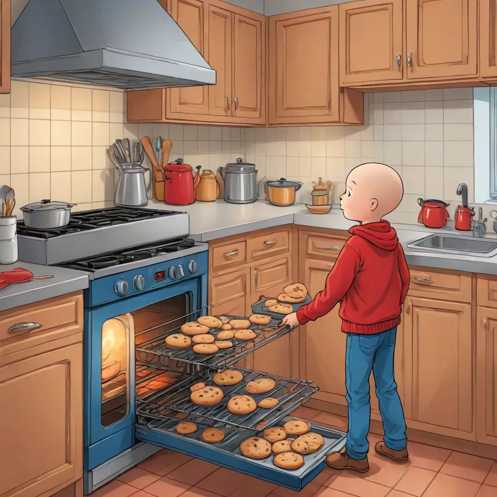 a man putting a tray of donuts into an oven in a kitchen with wooden cabinets and a stove, remodernism, a storybook illustration, Charles Schulz, storybook illustration