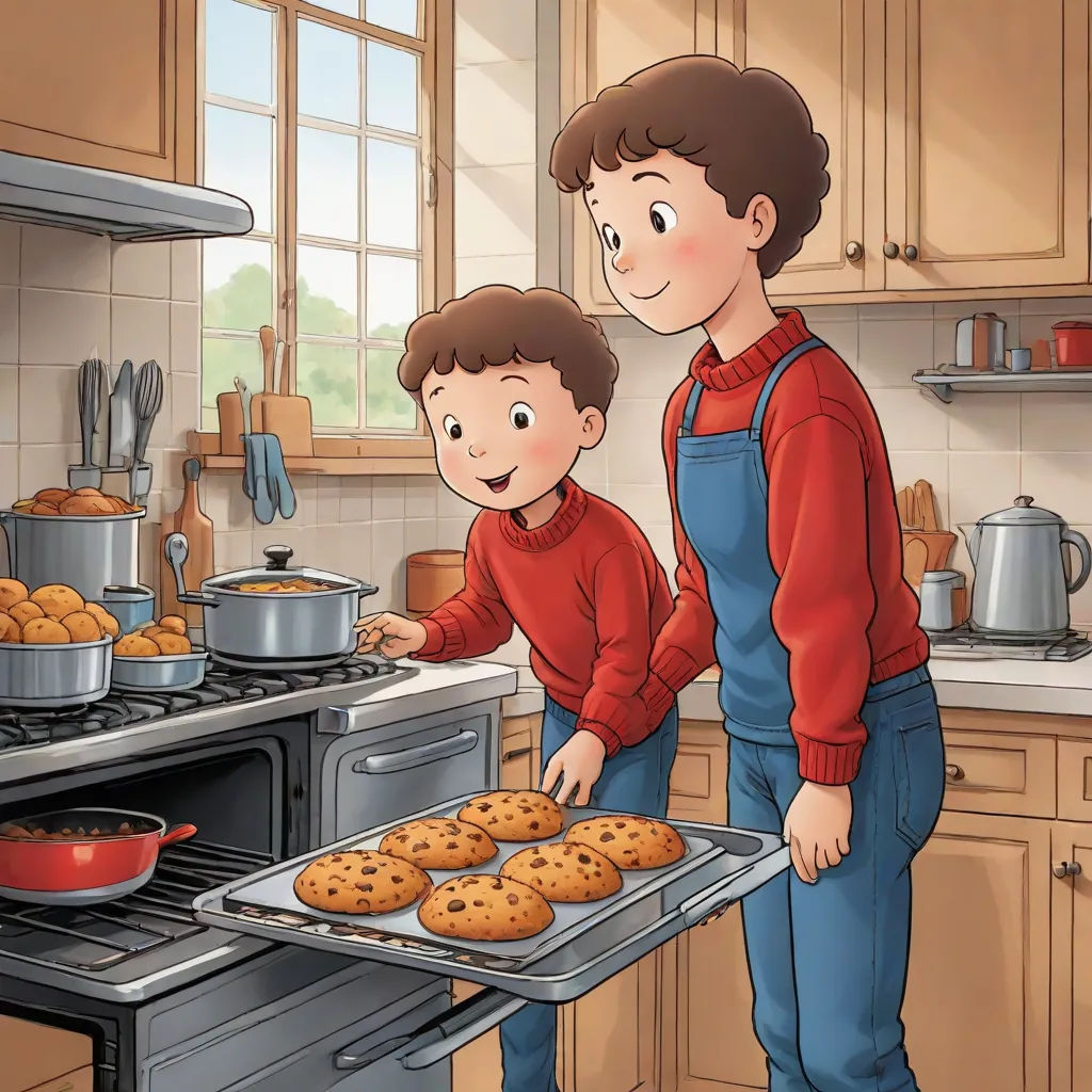 a man and a boy are cooking cookies in the kitchen together, and one boy is looking at the cookies on the tray, remodernism, a storybook illustration, Benoit B. Mandelbrot, storybook illustration