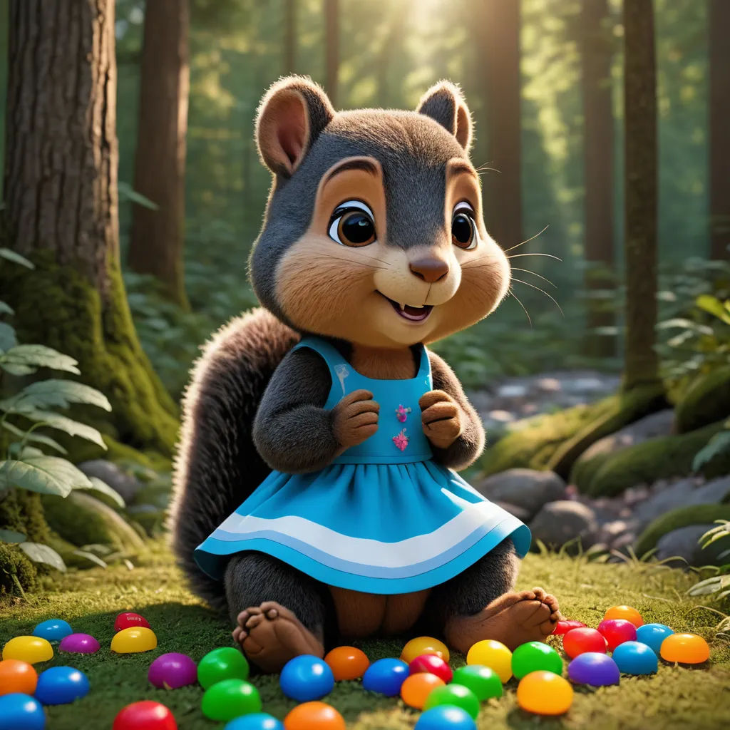 a cartoon squirrel in a blue dress surrounded by colorful eggs in a forest with trees and rocks in the background, furry art, a 3D render, Chris LaBrooy, promotional image