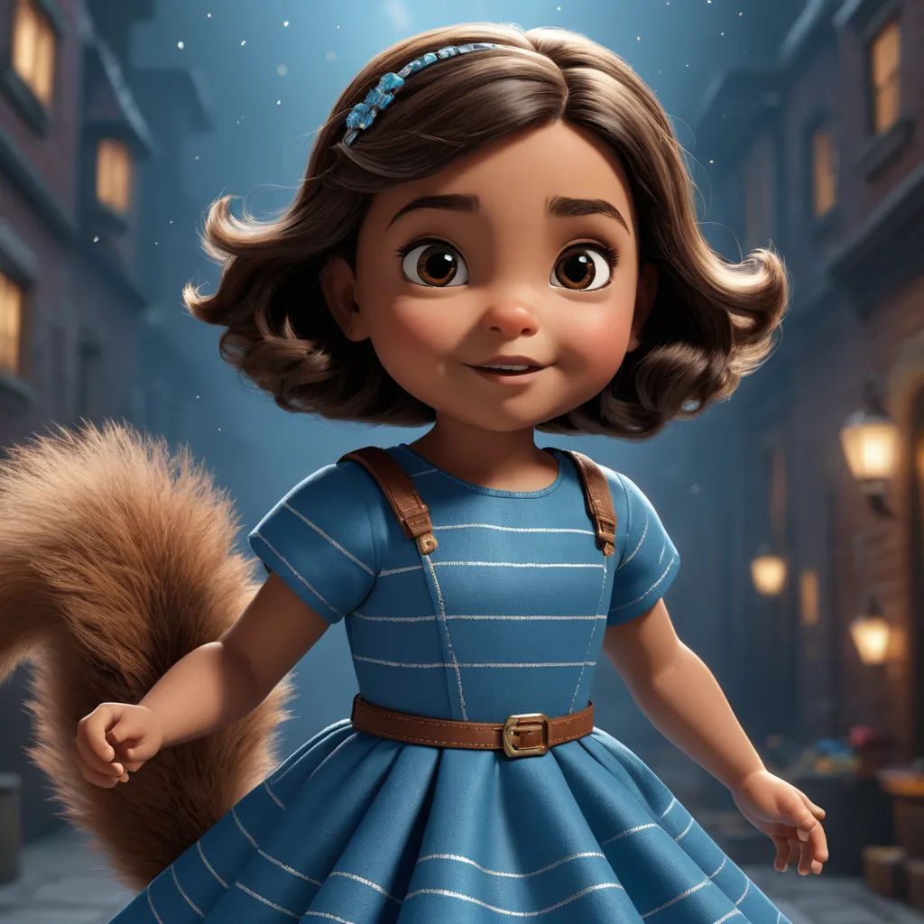 a cartoon girl in a blue dress holding a squirrel's tail in a city street at night with a full moon, furry art, a character portrait, Evaline Ness, pixar and disney animation