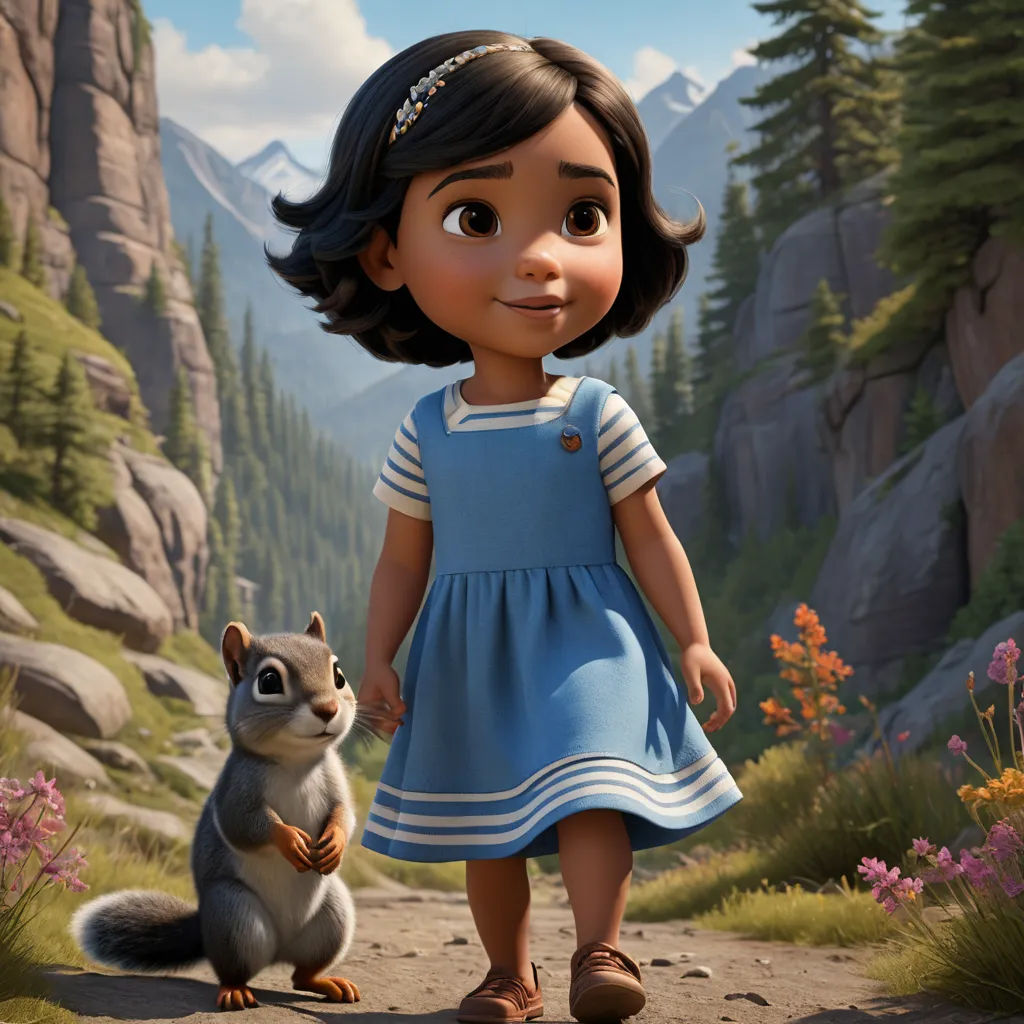 a cartoon girl and a squirrel on a path in a forest with mountains in the background and clouds in the sky, furry art, a character portrait, Ada Gladys Killins, promotional image