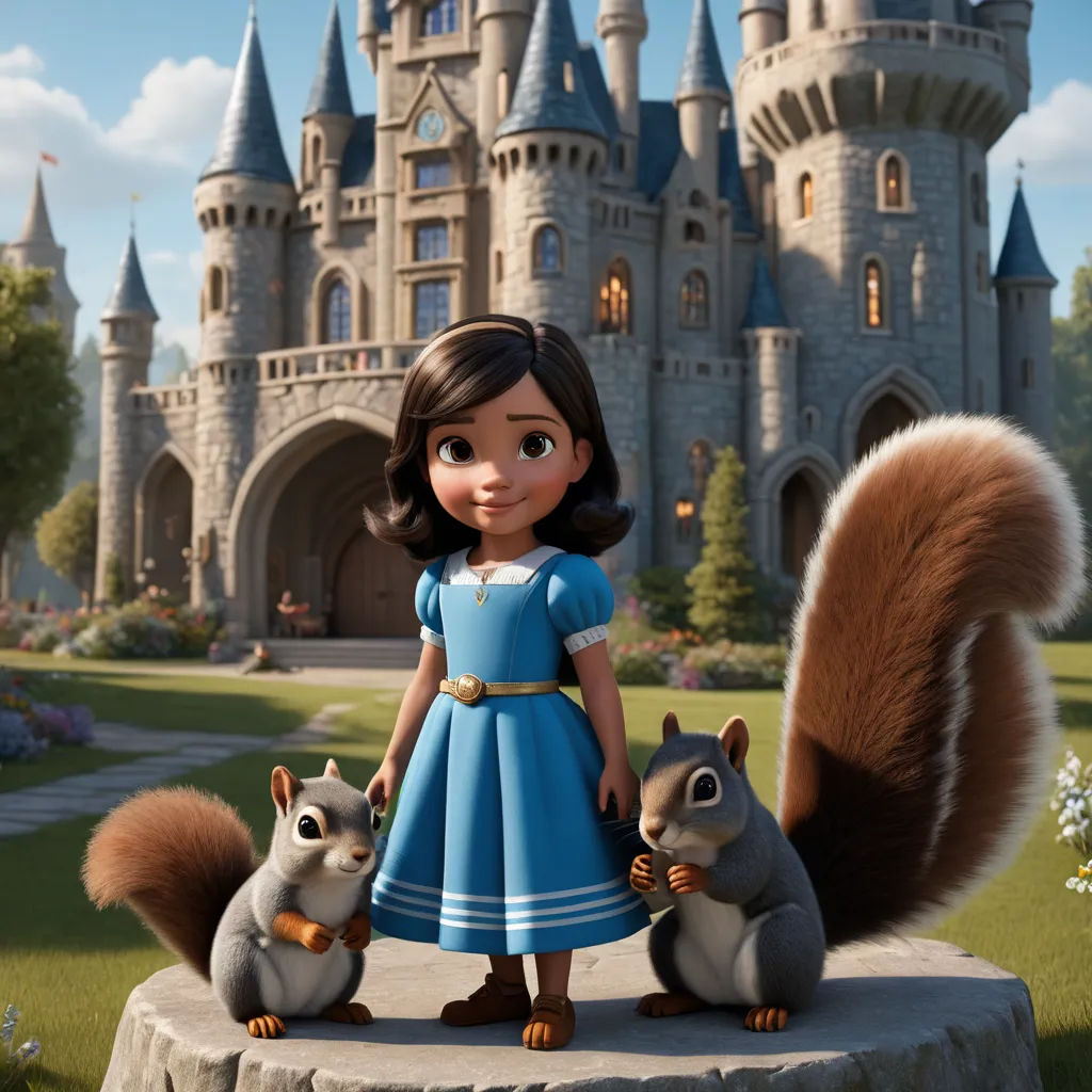 a cartoon girl standing next to two squirrels in front of a castle with a squirrel on it's lap, photorealism, a storybook illustration, disney, promotional image