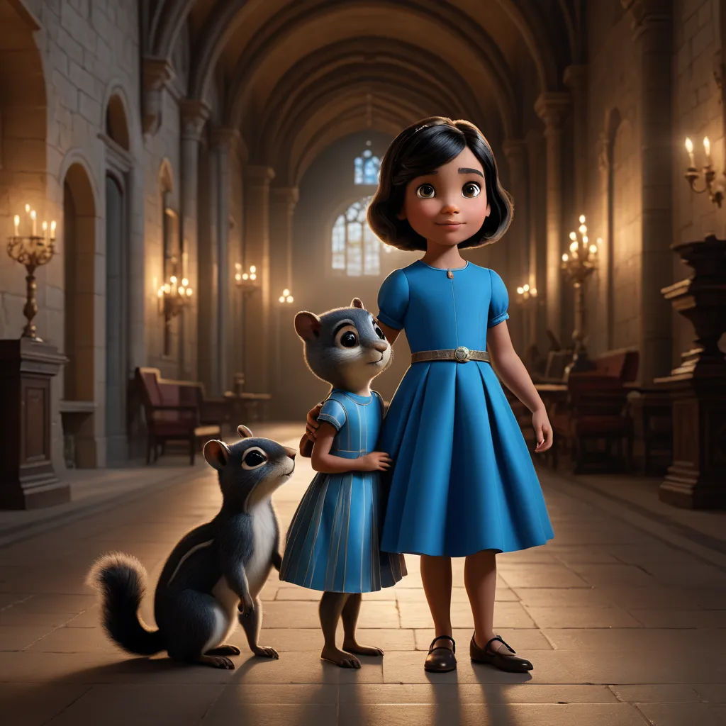 a cartoon girl and a squirrel in a church with chandeliers and chandeliers on the ceiling, paris school, a character portrait, Ada Gladys Killins, promotional image