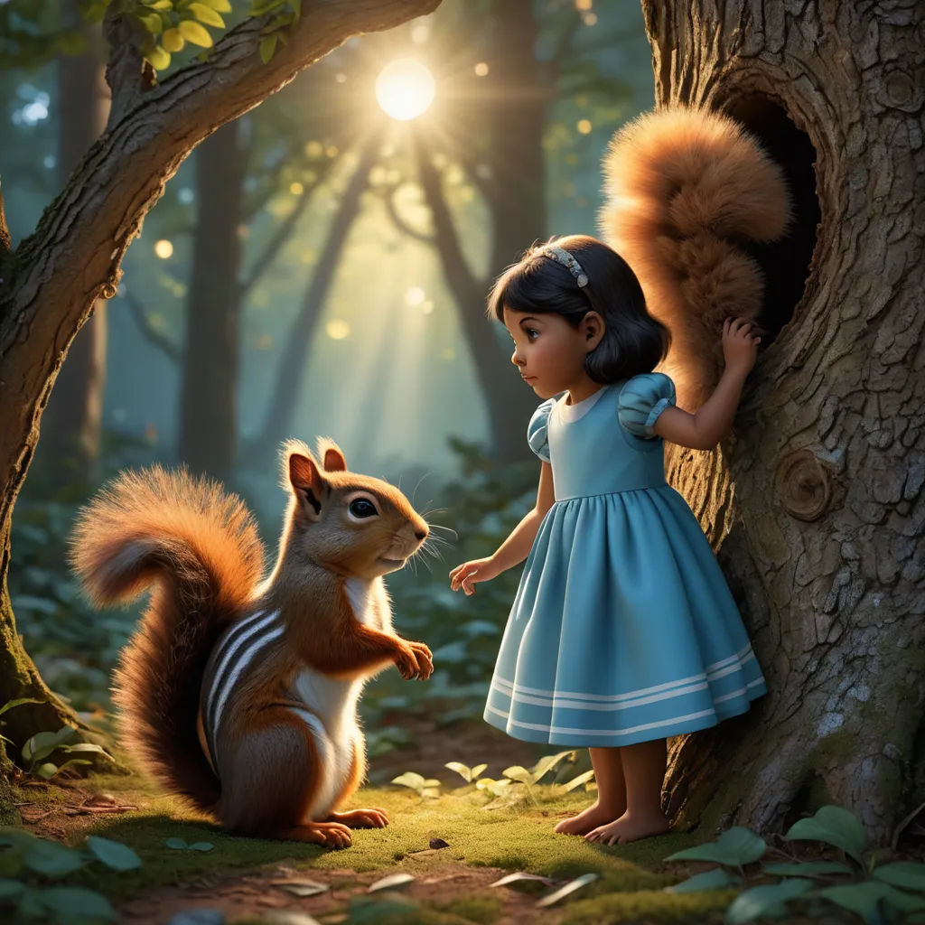 a little girl standing next to a squirrel in a forest with a light shining on her face and a squirrel standing next to her, photorealism, a storybook illustration, Chris LaBrooy, cgstudio